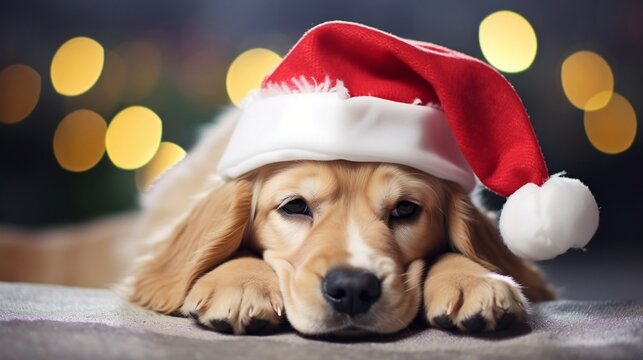 Sleepy golden retriever wearing a santa claus hat in chrstmas eve atmosphere. Generated with ai.