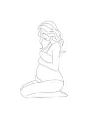 Hand drawn pregnant woman. Motherhood concept.  Happy pregnant woman hugging her belly. Outline pregnant girl on white background.