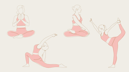 Сontinuous line art yoga poses. Continuous line art, yoga pose, woman practicing yoga. Boho continuous line yoga exercise.  Healthy lifestyle, woman fitness,  yoga concept.