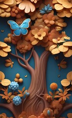 Obraz na płótnie Canvas custom 3d wallpaper tree flower and butterfly, 3d illustration, Generative AI