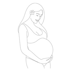 Hand drawn pregnant woman. Maternity concept illustration. Happy pregnant woman hugging her belly. Outline art. Motherhood concept. Future mom expecting baby caressing her tummy.