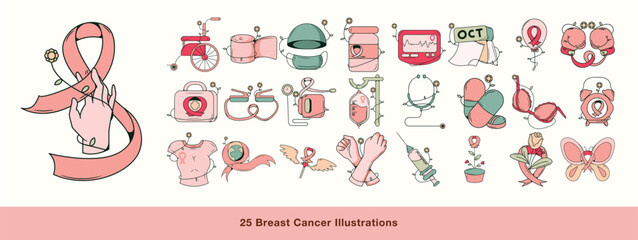 Set of Flat Pink October Illustrations. Flat and Feminine Style Breast Cancer Awereness Month