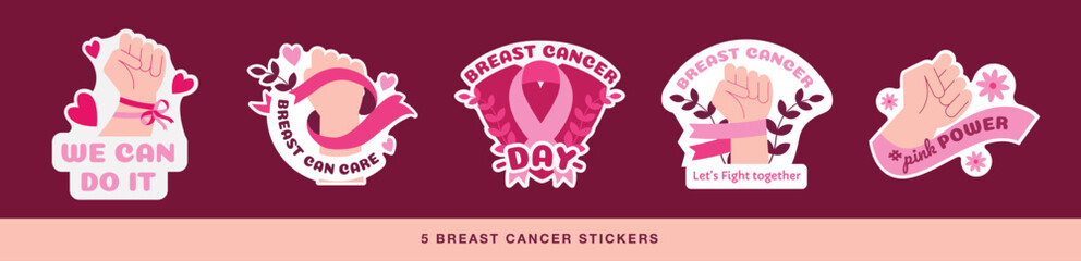 Pack of Pink October Stickers. Flat and Feminine Style Breast Cancer Awereness Month