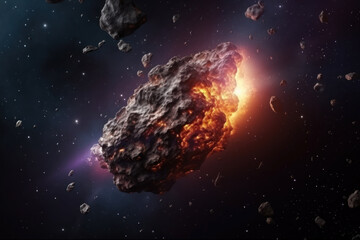A meteorite flies in outer space.