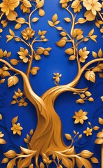 Elegant gold and royal blue floral tree with seamless leaves and flowers hanging branches illustration background, Generative AI