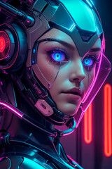 robot woman with neon eyes