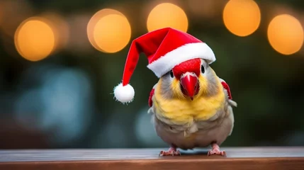 Fototapeten Cute bird wearing a santa claus hat © Andreas