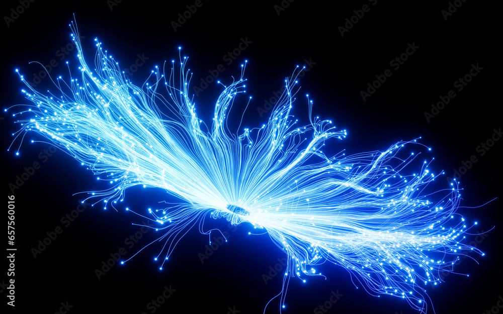 Poster abstract glowing particles, point explode, 3d rendering.