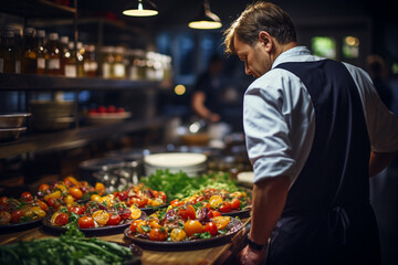 Obraz premium Head of Chef from behind checking food preparation