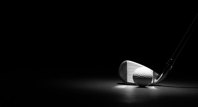 Golf Club and Ball Banner on a Black Background with Copy Space