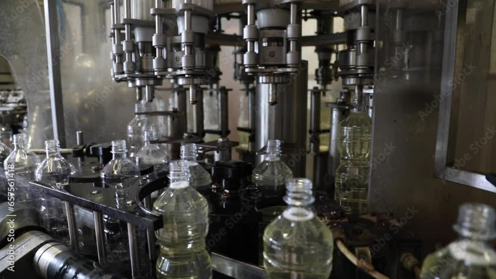 Poster plastic bottles rotate on an automated machine as they are filled with fresh vinegar at a factory pr