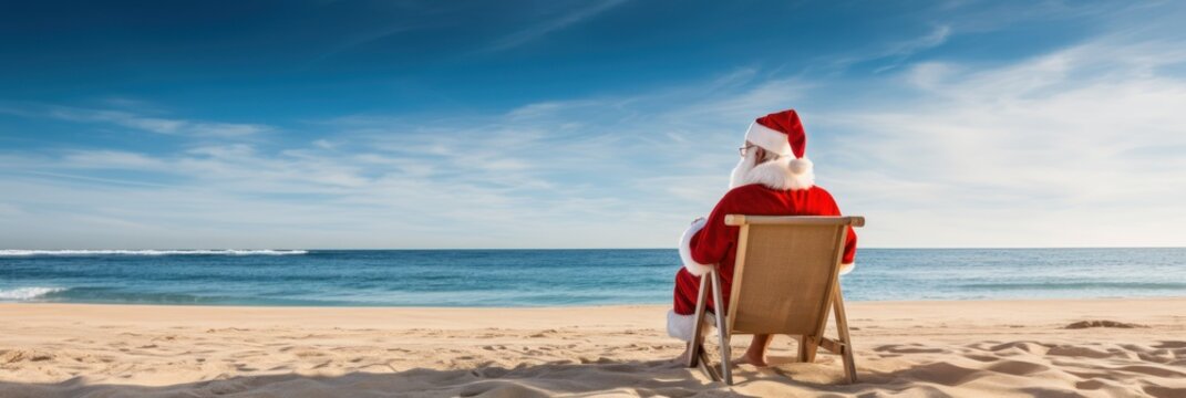 Christmas Santa Claus relaxing on sandy beach. Summer Xmas vacations