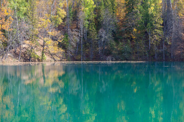 Blue Lake, the source of the Red Key in Bashkortostan, deciduous and coniferous trees around it.
