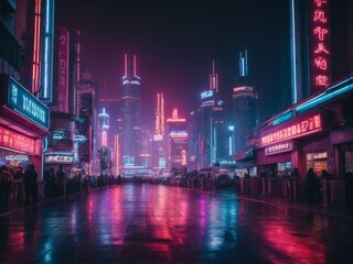 Fototapeta na wymiar A futuristic cityscape at night with neon lights.