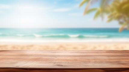 Fototapeta premium Summer Beach Retreat Wooden Tabletop Background Created with Generative AI
