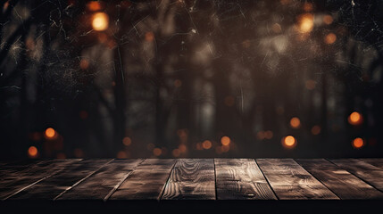 Rustic Tabletop with Sinister Wooded Mistfall Background Created with Generative AI - obrazy, fototapety, plakaty