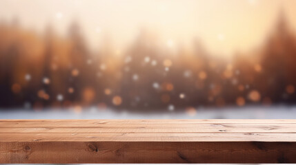 Winter Field Wooden Tabletop Background Created with Generative AI - obrazy, fototapety, plakaty