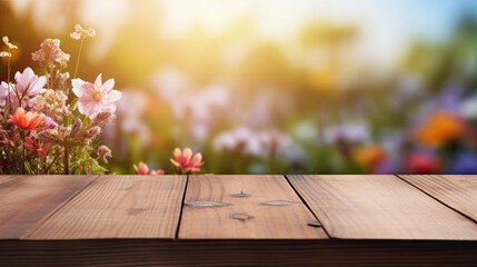 Naklejka na ściany i meble Springtime Field Wooden Tabletop Background Created with Generative AI