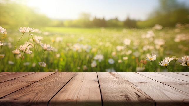 Springtime Field Wooden Tabletop Background Created with Generative AI