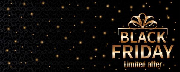 Fototapeta na wymiar Black Friday sale banner design. Background for sale advertising posters and flyers. Background with glowing lights, golden text Sale and Black Friday.