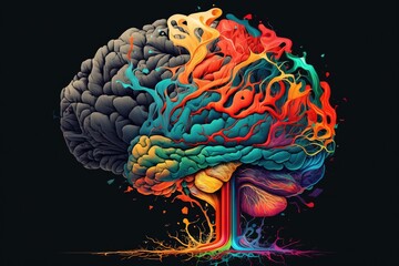 Neon brain, colorful brain, brain on a black background, digital art style, illustration painting