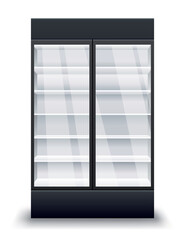 Commercial fridge. Realistic empty refrigerator. Supermarket commercial freezer equipment. Freeze appliances for drinks and food