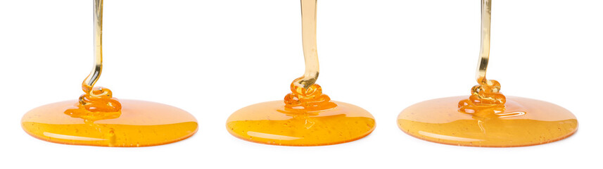 Pouring sweet honey on white background, set