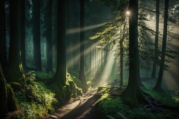 Green forest, trees in the forest, sun rays, digital art style, illustration painting - Powered by Adobe