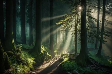 Gardinen Green forest, trees in the forest, sun rays, digital art style, illustration painting © Ihor