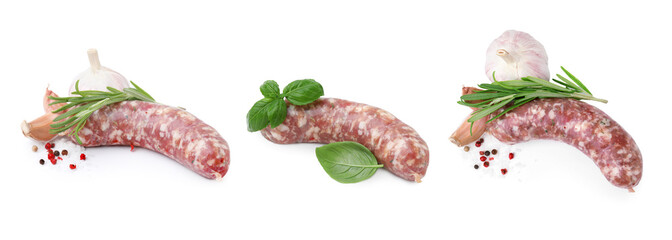 Raw homemade sausages on white background, set