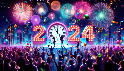 Glowing Into 2024 Radiant 3D Text Paired with Celebration Party Proppers