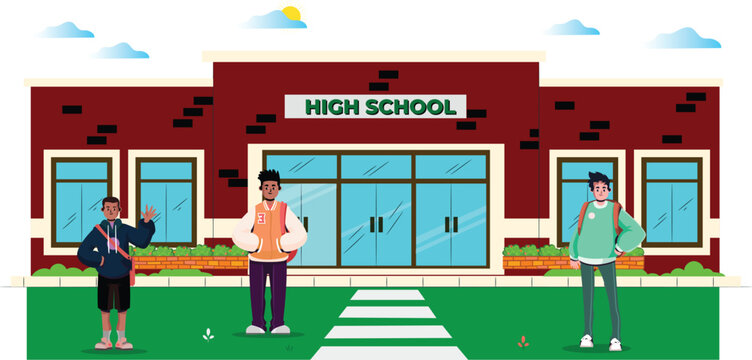 Students Standing in Front of School Character -Illustration Depicting Diverse Group of Energetic Students Ready for School - Perfect for Educational Websites, Brochures, and Back-to-School Campaigns.