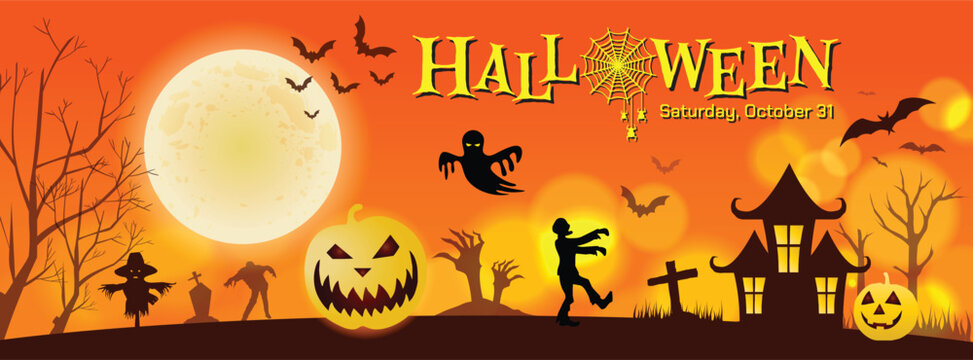 Halloween banners, Halloween party invitations banner and greeting cards, halloween day with scary orange background
