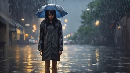 A sad girl in the rain