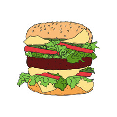 Burger hamburger hand drawn contour colored, bun with meat cutlet, lettuce, cheese and tomato slices.