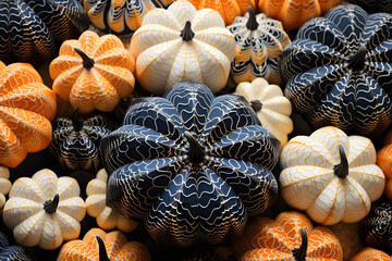 Ornamental pumpkins, ceramic type in blue, orange and white colors
