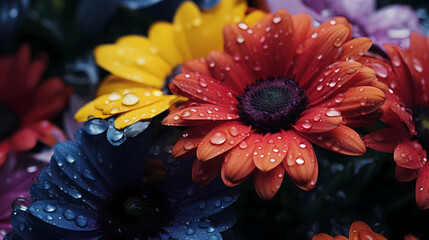 Focused shot of colorful flowers with water droplets after the rain, UHD. Generative Ai