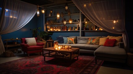 Basement turned bohemian lounge with a bar, draped fabrics, and ambient fairy lights. Colors: Moonstone blue, hazelnut, and ruby