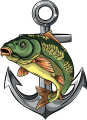 vector illustration of carp fish with anchor - 657567448