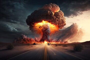 Big bang, mushroom from explosion, nuclear explosion, volcanic eruption, digital art style, illustration painting - obrazy, fototapety, plakaty