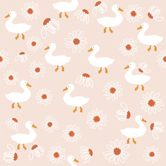 Seamless pattern with white gooses and flowers. Cute print. Vector hand drawn illustration. - 657568083