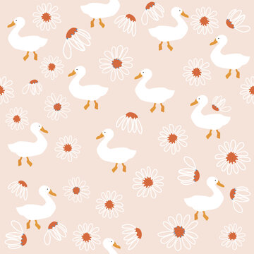Seamless pattern with white gooses and flowers. Cute print. Vector hand drawn illustration.