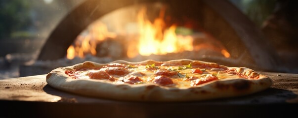 Close up front view of fresh hot pizza from retaurant oven, junk food panorama. Generative Ai.