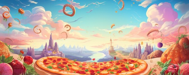 Fototapeta na wymiar Colorful illustration of fresh pizza on black stone luxury table, banner panorama. Generative Ai.