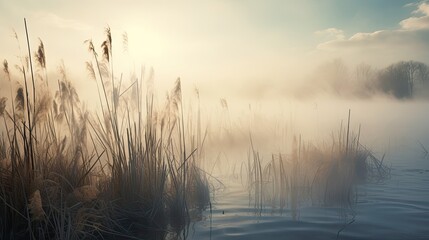 Beautiful serene nature scene with river reeds fog - obrazy, fototapety, plakaty