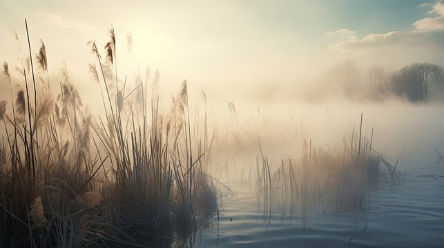 Beautiful serene nature scene with river reeds fog
