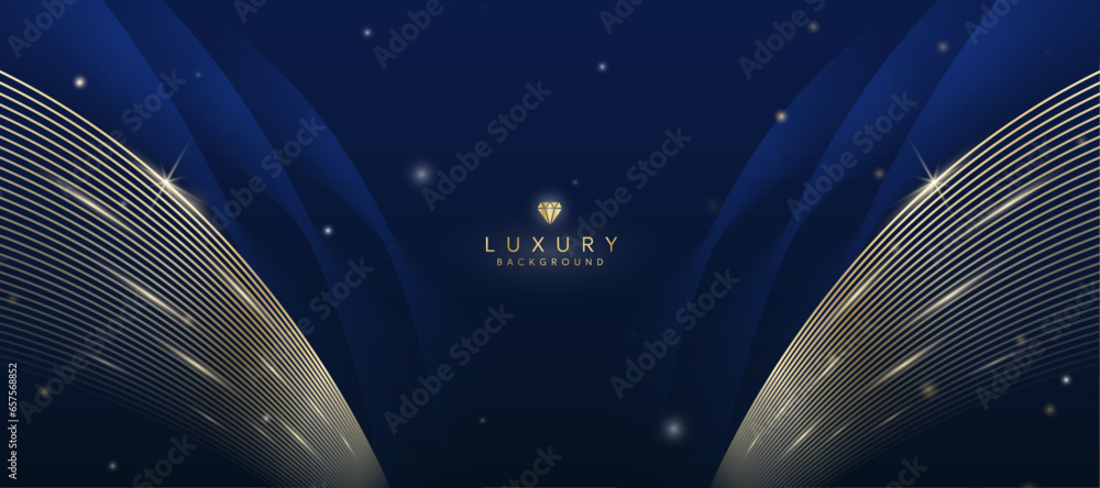 Wall mural Dark blue luxury background with elements of golden curves and shiny lights.