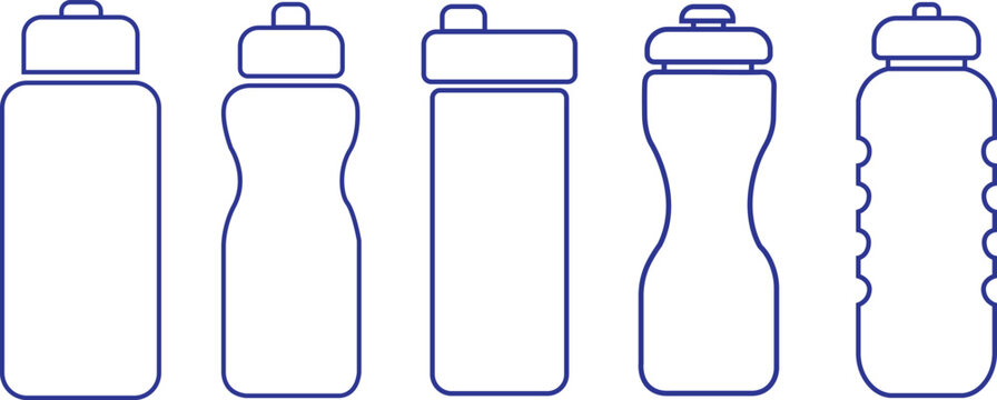 set of Plastic blue line bottles for water icons. Vector Plastic bottles collection with editable stock for web and advertising isolated on transparent background. Can be used for Summer and Holidays.