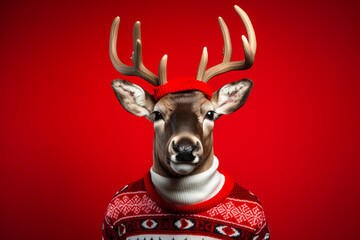 reindeer with red Christmas sweater on a red background, studio shot - obrazy, fototapety, plakaty