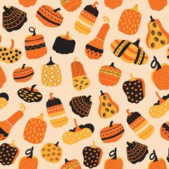 Orange seamless pattern of decorative pumpkins. Background for Halloween. Autumn harvest of vegetables. October holidays. Hand drawn. Vector illustration
